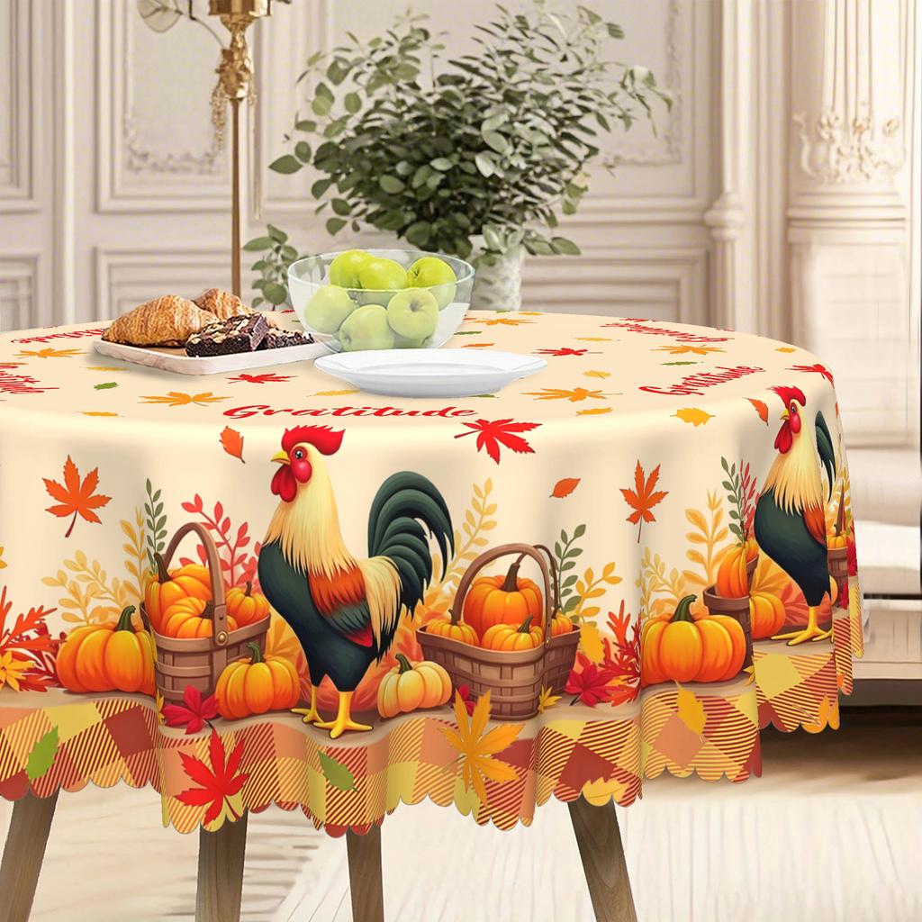 1 Piece Thanksgiving Tablecloth, Rooster Pumpkin Maple Leaf Design, Suitable For Round And Long Tables In Autumn