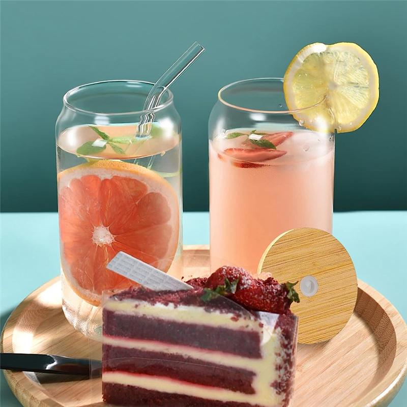Sada 2 ks, S bambusovými víčky, Skleněné hrnky tvaru plechovky 16 oz s víčky a brčky, Pivní sklenice