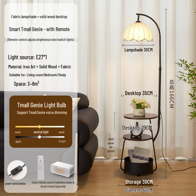 Chinese-Style Floor Lamp for Living Room & Bedside Table with Storage - Integrated Bedroom Atmosphere Decor