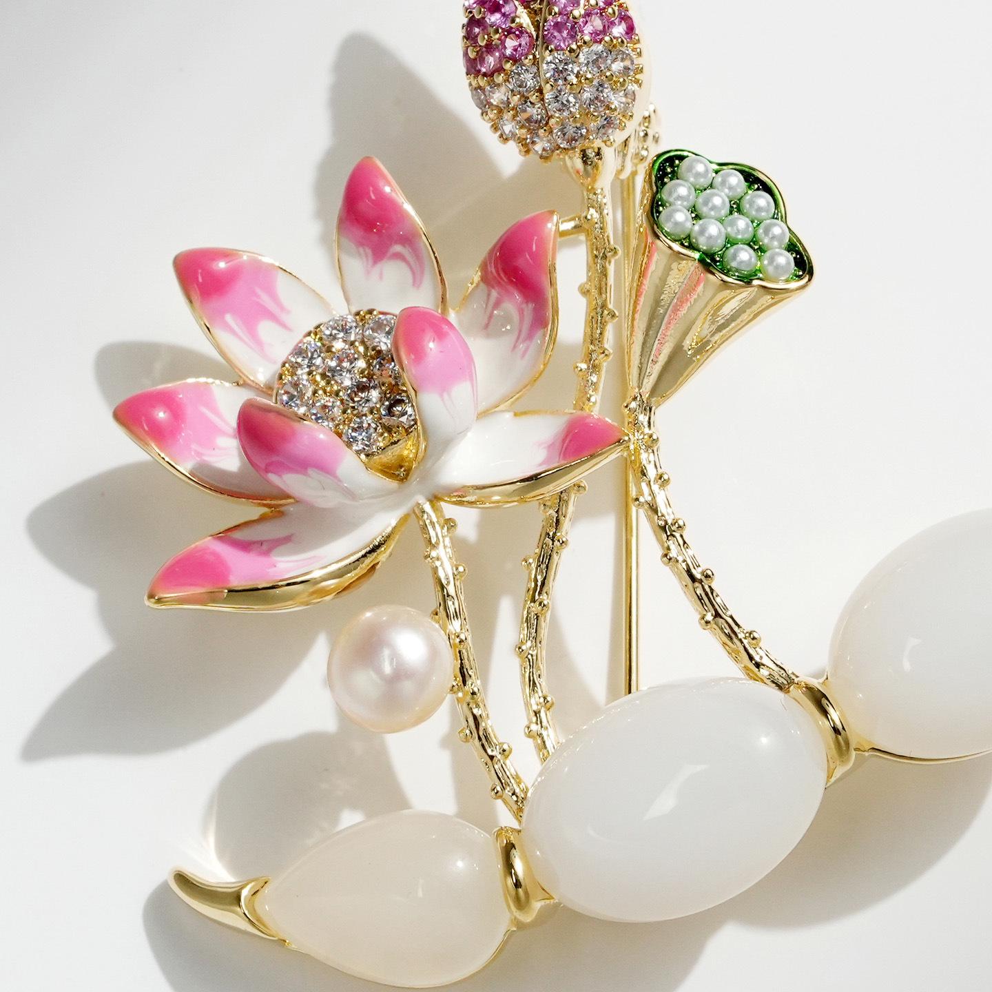 Bo Xin Yun Freshwater Pearl & White Jade Lotus Flower Brooch Corsage for Women