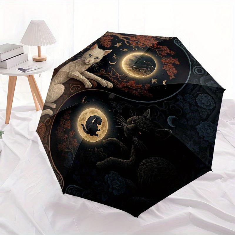 Yin Yang Cats: A Mystical Nighttime Art Print Umbrella, Cute Umbrella with Cute Design, Portable 3-Fold Compact Umbrella for Men & Women, Valentine's