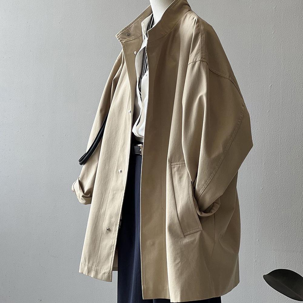 2025 Damen Strukturierter Midilanger Trenchcoat mit Stehkragen - Japanische Workwear, Koreanischer Stil, Frühling/Herbst Locker geschnitten