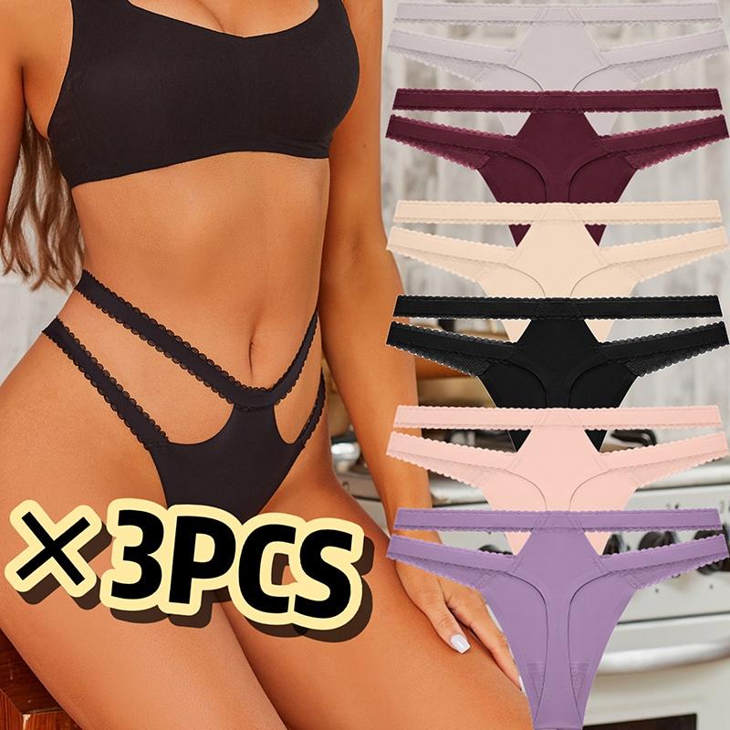 FINETOO 3Pcs/Set Women Thongs V Waist G-String Solid Color Striped Panties Female T-Back Underwear Intimate Lingerie