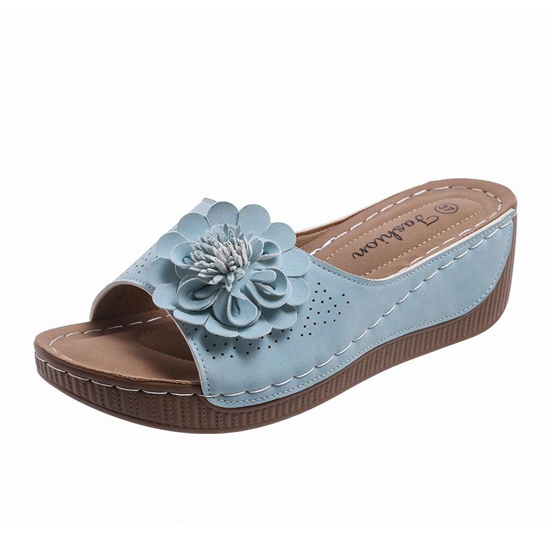 

New large size spring and summer new cross-border one flower open-toed slope heel slippers sandals 43 небесно-голубой
