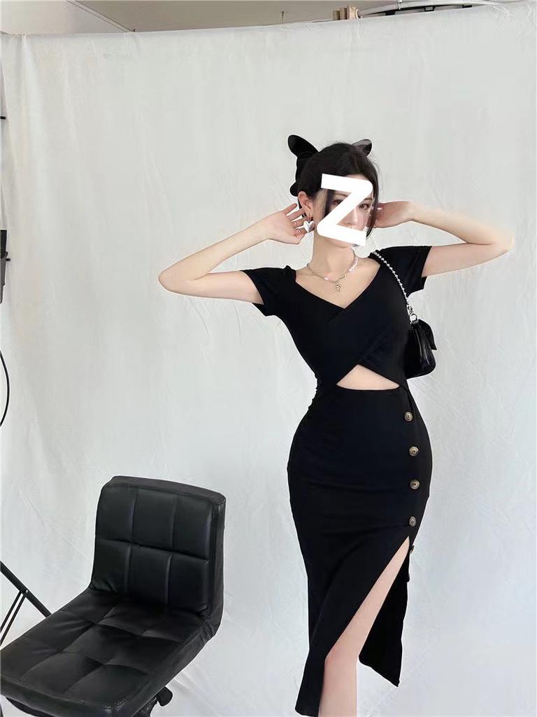 Sexy Pure Desire Style Design Sense Spice Girl Royal Sister Black Short Sleeve Waist Temperament Split Fork Slim Hip Wrap Dress Women