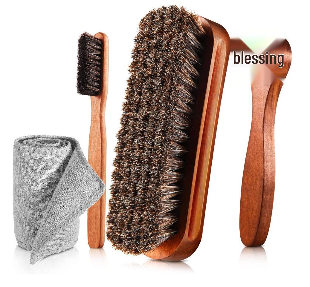 

Horsehair Leather Shoe Care Brush Set with Microfiber Cloth, 4-Piece Polishing Toolkit.