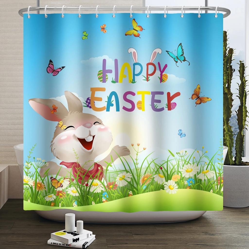 Spring Easter Shower Curtain Happy Rabbit Bunny Eggs Flower Garden Floral Holiday Waterproof Bathroom Shower Curtain With Hooks