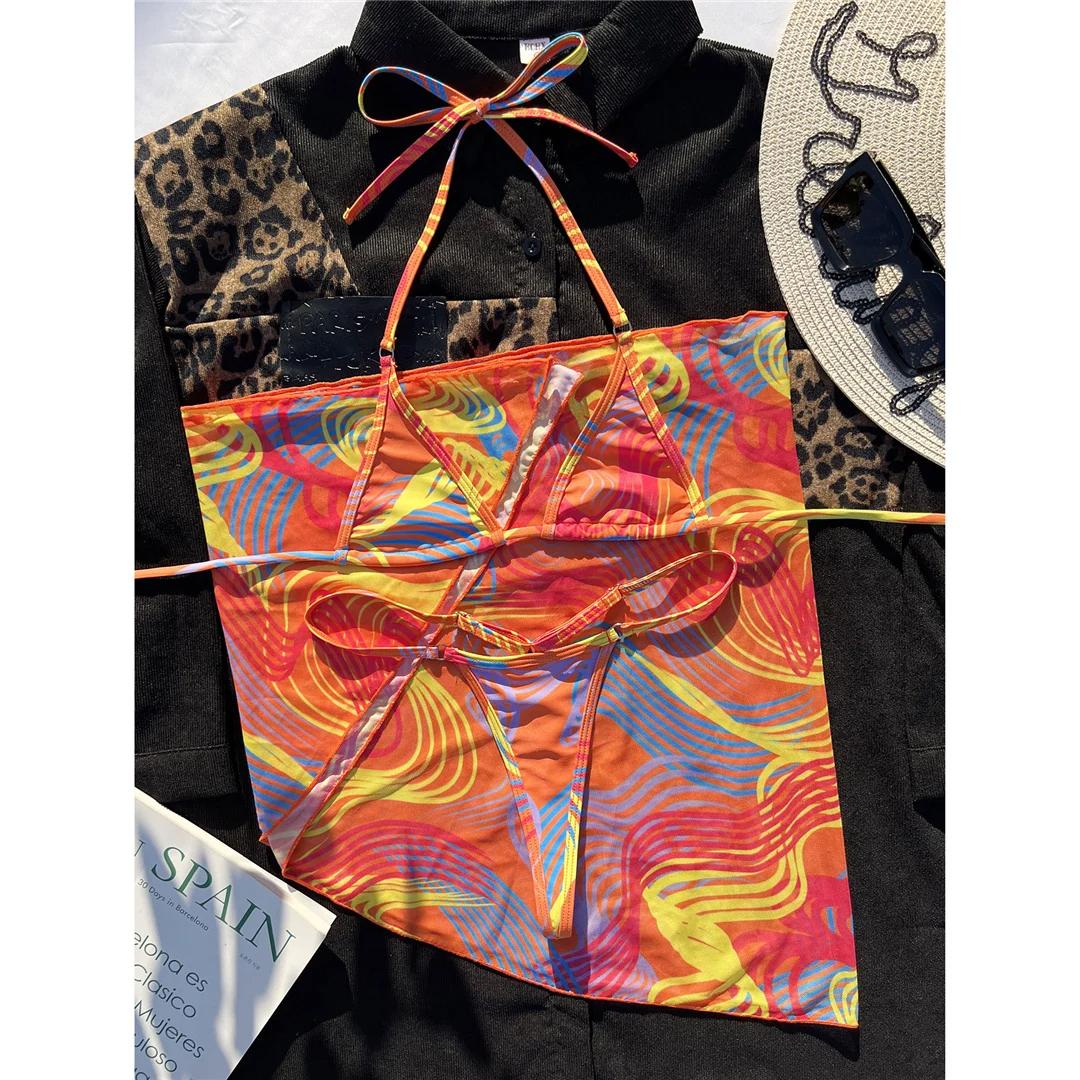 

Новый принт с саронг мини микро стринги бикини женский купальник женский купальник из трех частей бикини комплект купальный костюм M