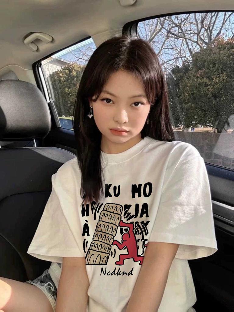 2025 Women's White Pure Cotton Short-Sleeve T-Shirt - Casual American High Street Style