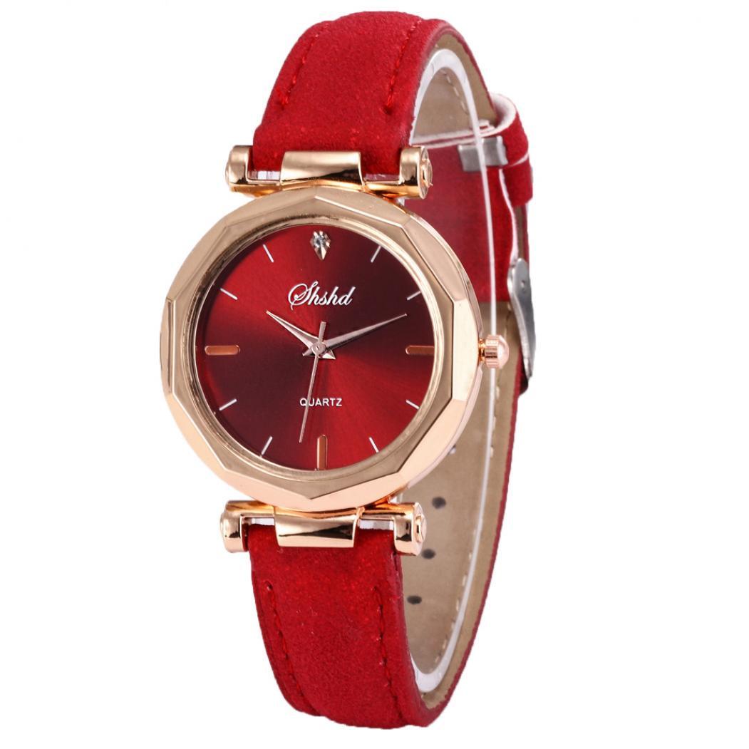 

Women Vintage Matte Faux Leather Rhombus Crystal Stones Quartz Soft Wrist Watch Red
