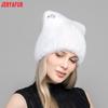 JERYAFUR Women Faux Fur Cat Ear Winter Hat, Cute Rhinestone Decor Fluffy Warm Fashion Ladies Cap for Cold Weather
