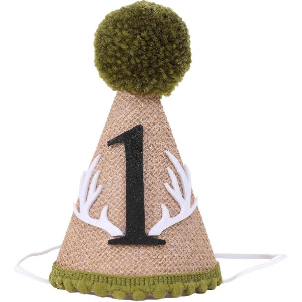 YOUAME Deer 1st Birthday Crown Hat - Woodland Camo Hunting Theme Party Decor with Antlers Outfit (Boys)