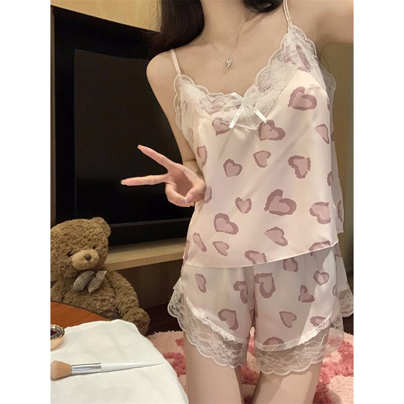 Sexy pajamas women's ice silk suspenders shorts pure desire wind love printed lace set summer new loungewear