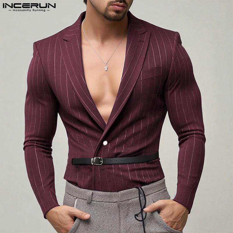 INCERUN Men Deep V Neck Long Sleeve One Button Striped Thin Blazer Short Coats