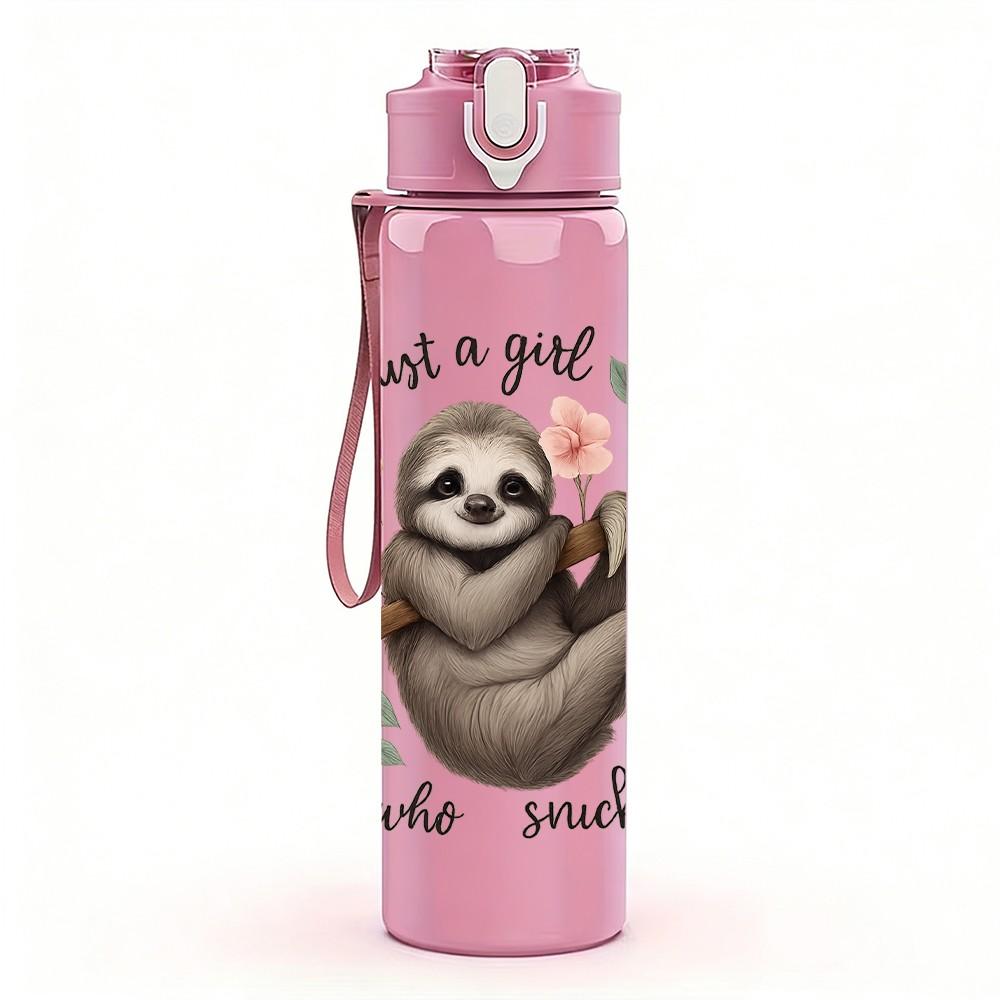1PC Sloth Holding Flower Print 750ml Color Plastic Sports Water Bottle Leakproof Flip Straw Lid Suitable for Sports Office Home Use