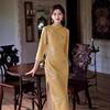 1011 autumn new cheongsam yellow embroidered butterfly long cheongsam retro slim side buckle stand-up collar cheongsam of the Republic of China