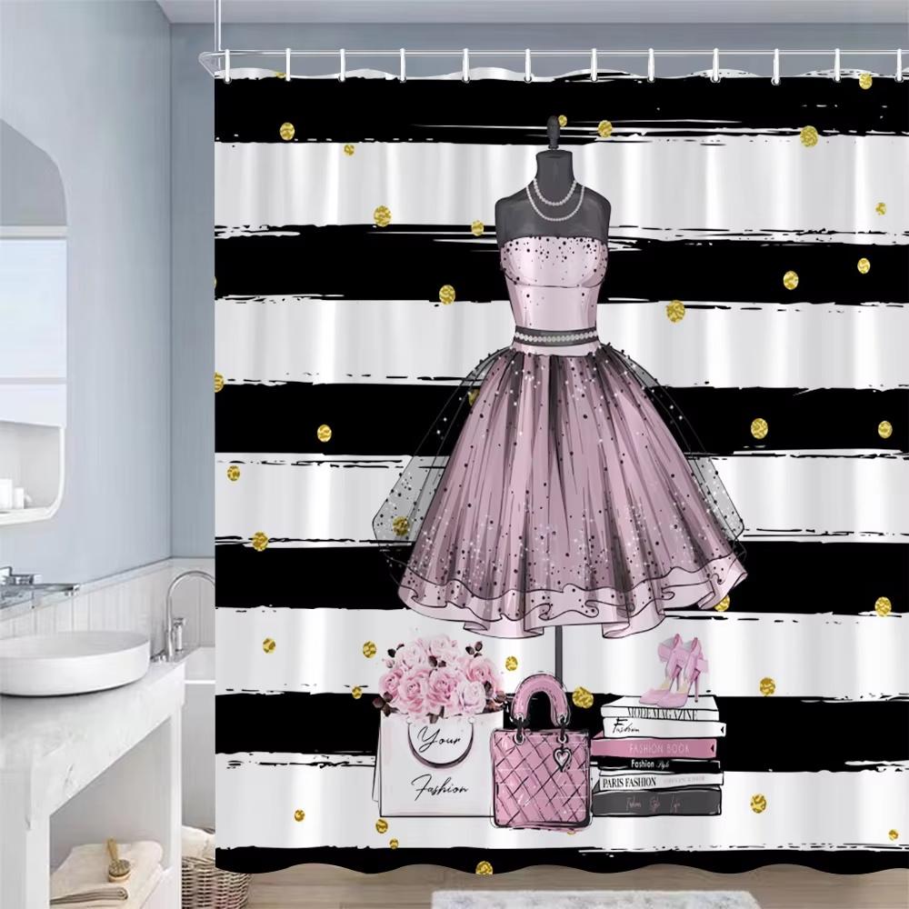 Fashion Girl Pattern Shower Curtain Black White Stripe Bathroom Decor Accessories American Style Bath Curtains Waterproof Cloth