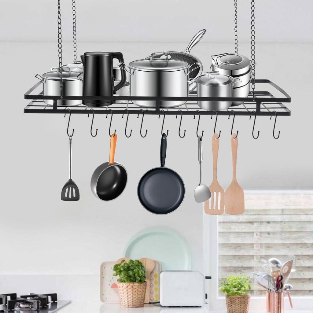 Black 12-Hook Overhead Pot and Pan Rack Organizer, Large 31.5 Inch Hanging Kitchen Utensils Storage for Home & Commercial Use