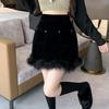 Women's Short Skirt Autumn and Winter High Waist Slim Fur Splicing A-line Skirt Temperament Black Hip Skirt