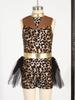 Girls Caveman Cosplay Leopard Pattern Jumpsuit Gloves Mesh Metallic Shiny Patchwork Sleeveless Tutu Skirt
