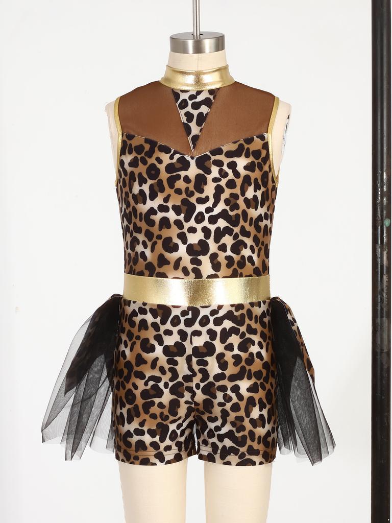 Girls Caveman Cosplay Leopard Pattern Jumpsuit Gloves Mesh Metallic Shiny Patchwork Sleeveless Tutu Skirt