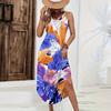 Women Sleeveless Long Dress Casual Loose Fit Hawaiian Print Maxi Dress Summer Beachwear Side Slit Sleeveless Sundress