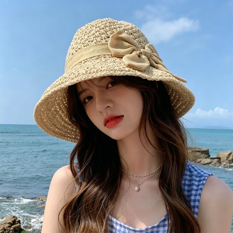 Elegant Bows Straw Hat for Women Breathable Summer Beach Hat Sun Protections Wide Brims Fisherman Cap