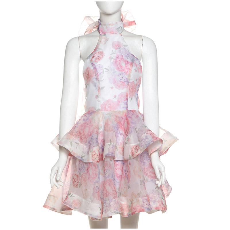 Abito Mini Dolce da Donna con Allacciatura Halter in Pizzo Sexy Senza Schiena Volant Impilati A-line Aderente Moda Femminile Abiti da Festa da Principessa