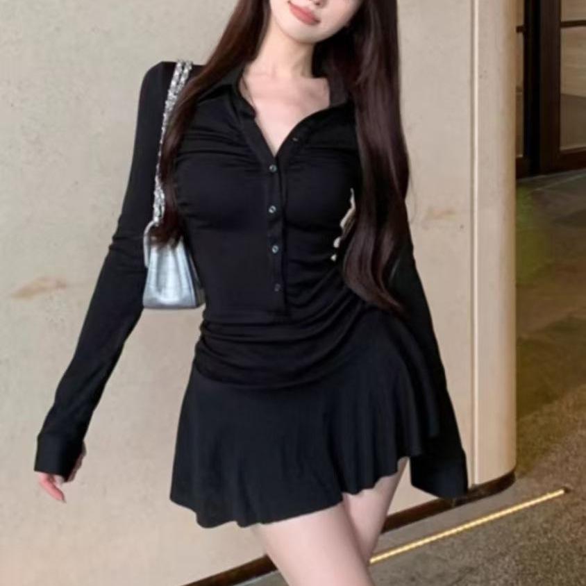 Black Pleated Polo Collar Dress with Cinched Waist - Sporty Slim Fit