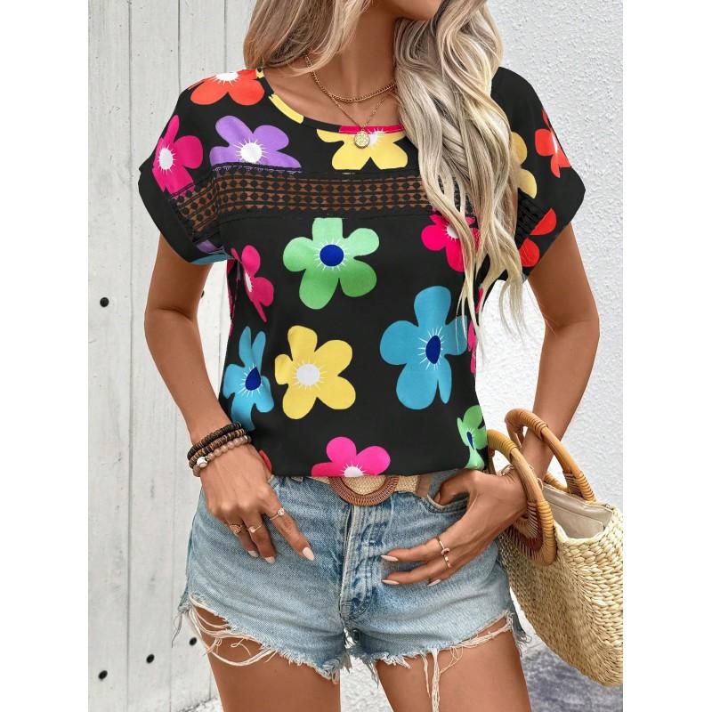 Womens Casual Short Sleeve Round Neck T-Shirt With Striped Print Loose Fit Milk Silk Blend Comfortable 2025