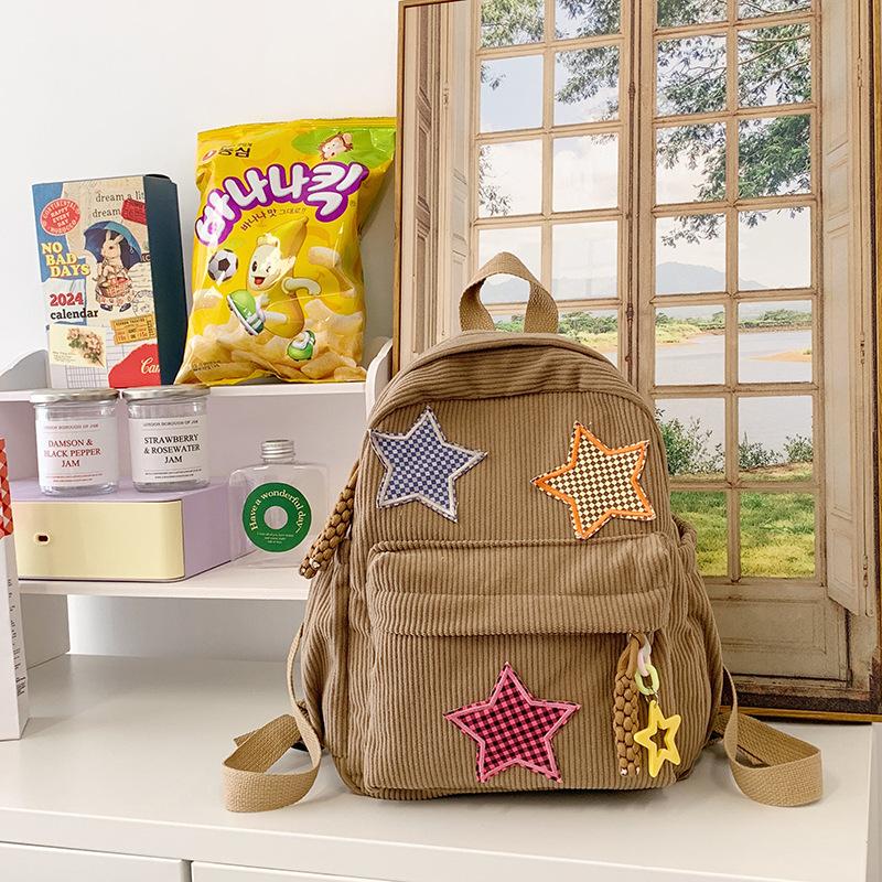 Corduroy Backpack Women'S Style Solid Color Versatile Star Schoolbag Female Middle School Student Small Backpack