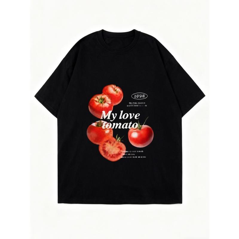 Oversized T Shirt Black Tomatoes Print With My Love Tomatoes Text Casual Wear For Women Summer Outfits Streetwear Fashion Trendy Top