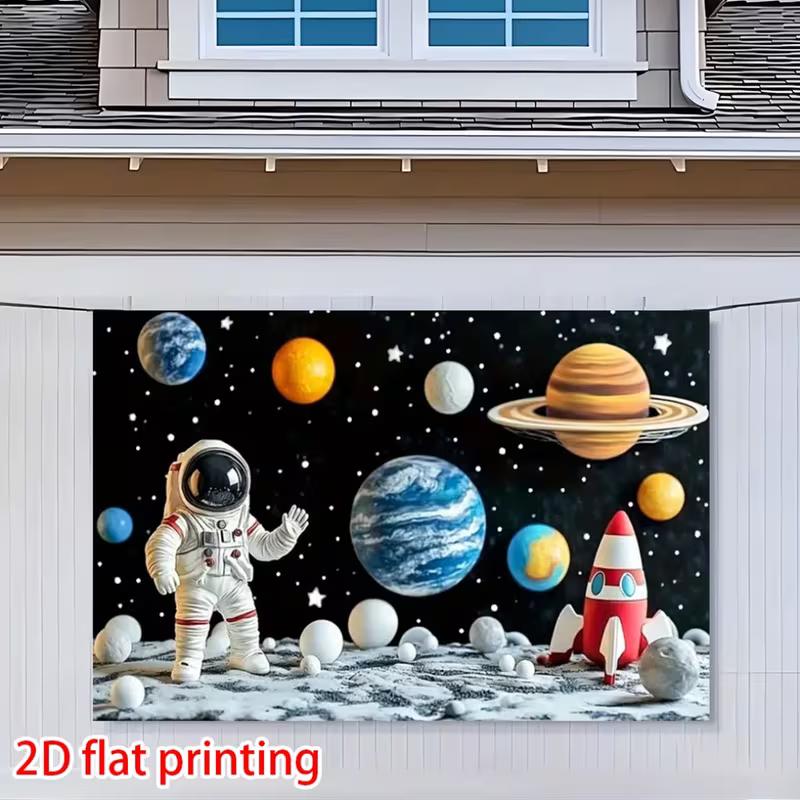 2D Outer Space Planets Astronaut Backdrop, Galaxy Theme Kids Birthday Party Photo Booth Banner