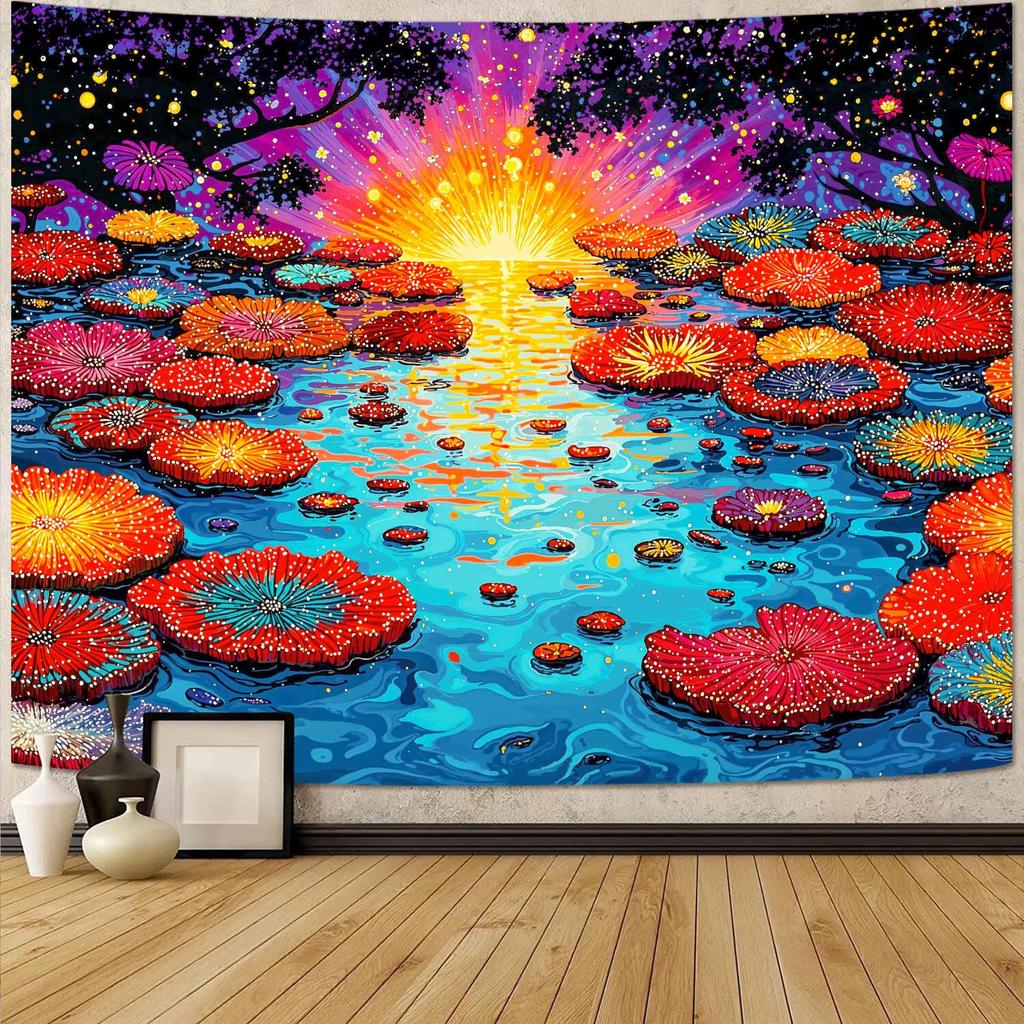 Bohemian Sun Landscape Tapestry, Colorful Sunrise With Mountains And Flowers Wall Art For Aesthetic And Whimsical Room Decor
