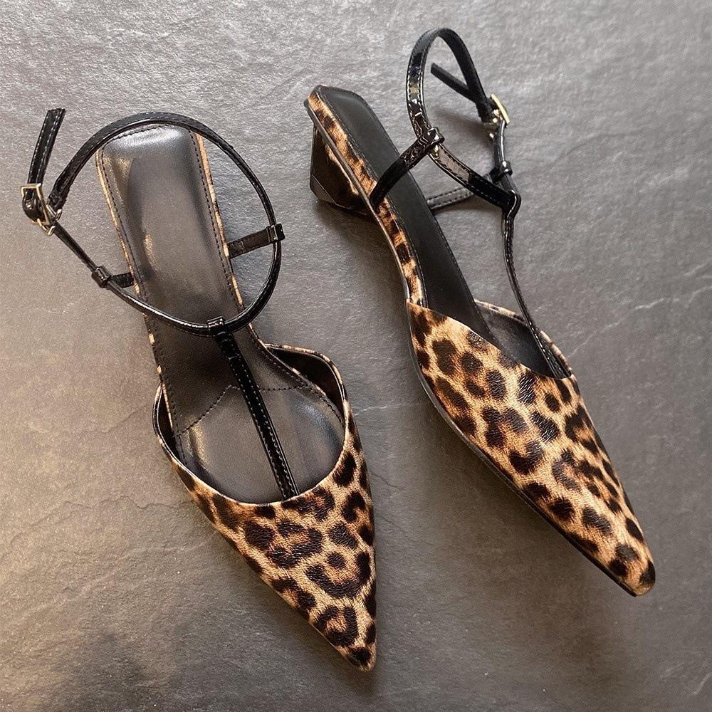 

New retro leopard print pointed cat heel sandals, fashionable minimalist, sexy and comfortable high heels 43