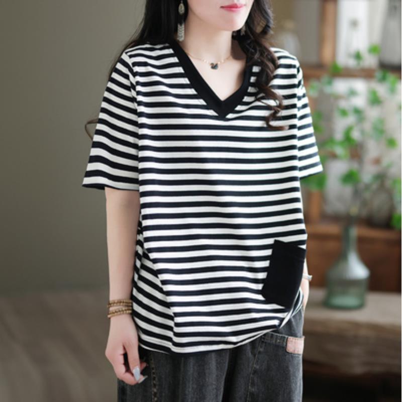 

DIMANAF 2022, женская футболка больших размеров, полосатые женские хлопковые свободные топы с v-образным вырезом и футболки с короткими рукавами, зеленый, синий 2XL