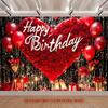 2D Red Black Gold Birthday Backdrop, Rose Heart & Candles Photo Booth Background