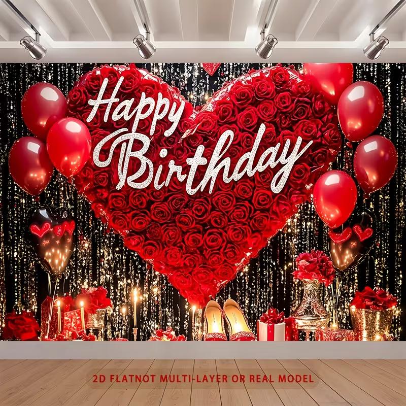 2D Red Black Gold Birthday Backdrop, Rose Heart & Candles Photo Booth Background