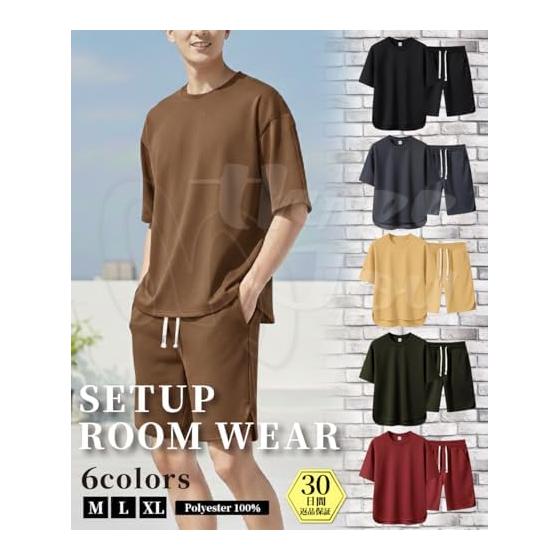 [three Joy] [Soft Mesh Material] Men's Loungewear, Top and Bottom Set, Loungewear, Waist Strap, Stretch, Short Sleeves, Shorts, 6 Colors, M - XL