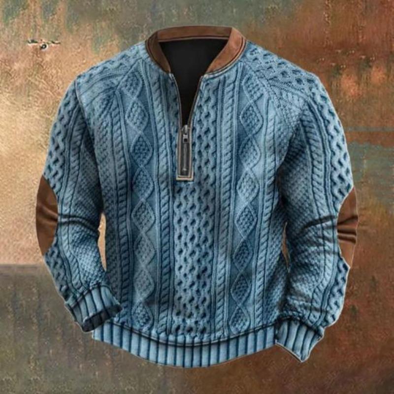 Fall Winter Men Sweatshirt Half Zipper Rhombus Texture Patchwork Round Neck Pullover Long Sleeves Daily Outdoor Sports Top