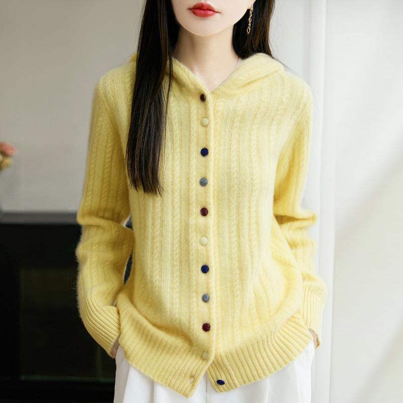 Women's Thickened Hooded Wool Cardigan: Autumn/Winter Simple Casual Cable Knit Sweater Coat