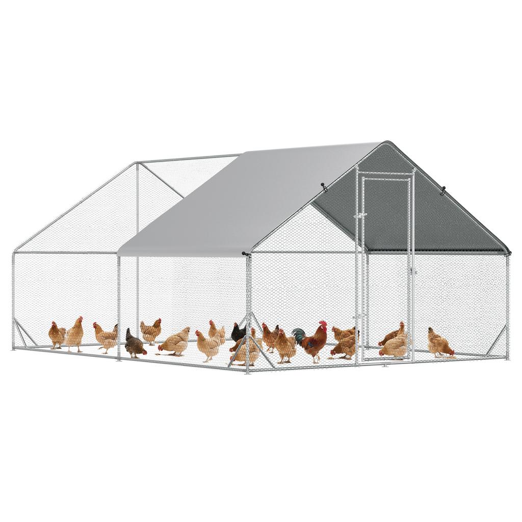 Garden Chicken Coop with Galvanized Frame, Waterproof Cover and Hexagonal Netting, 3x4x2 M, Silver