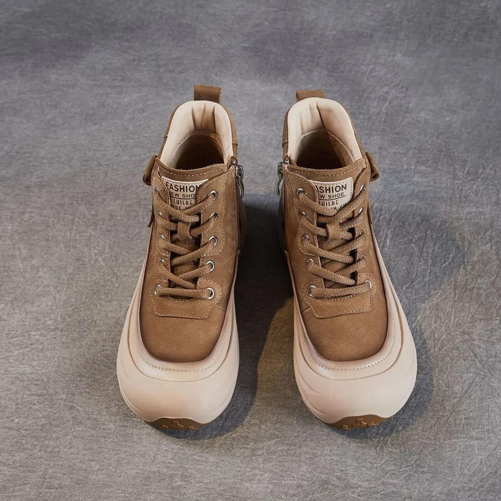 Johnature Echtes Leder Dicksohlige Retro Stiefeletten mit seitlichem Reißverschluss Lässige Schnürschuhe Damen Flache Plateau Schuhe