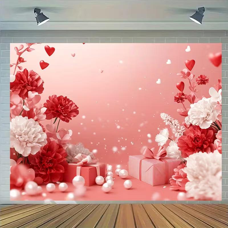 2D Pink Valentine Background, Red White Flowers & Gift Boxes Backdrop