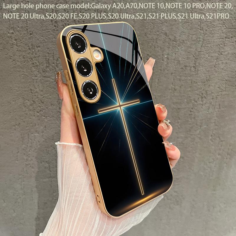 Neon Cross Pattern 2D Phone Case for Samsung S26 S25 S24 S23 S22 S21 S20 A56 A36 A16 Gold Glass Protective Cover