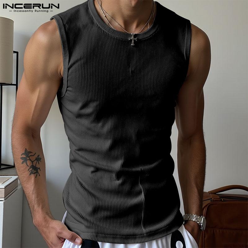 INCERUN Summer Men Round Neck Sleeveless Semi-Sheer Rib Casual Tank Tops