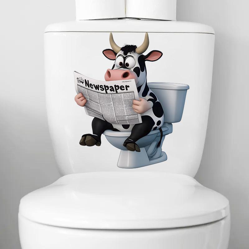 3D Funny Cow Reading Newspaper On Toilet Wall Sticker Self-Adhesive Waterproof Removable Bathroom Home Decor Art