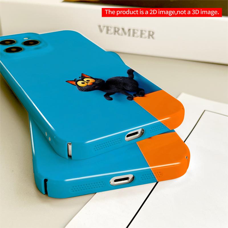 2DFlat Black Cat on Orange Edge, Bright Blue Background All inclusive film hard iPhone case, compatible with iPhone 18 Pro Max 17 16 15 14 13 12 11