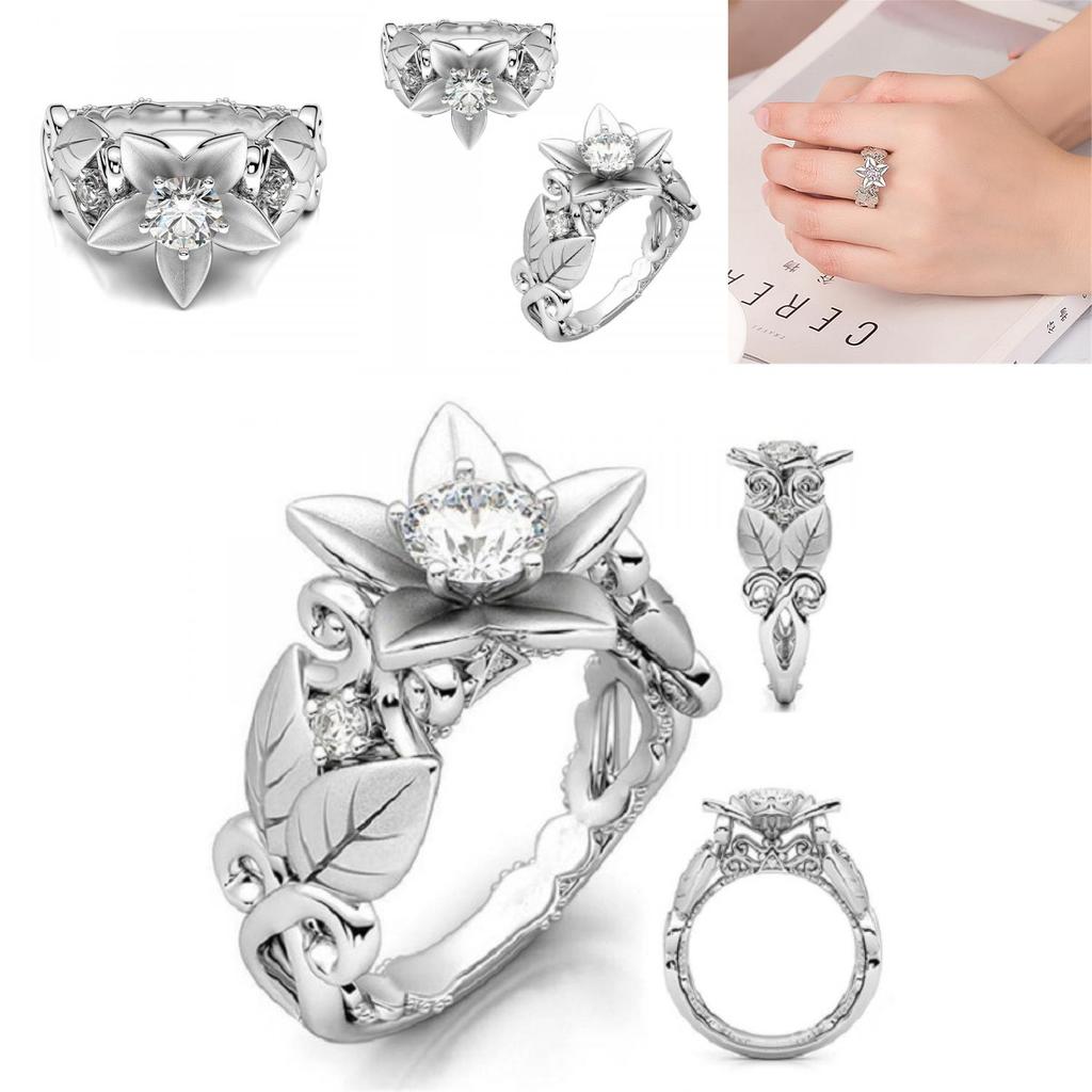 Exquisite Silver Floral Leaf Ring For Women Creative Zirconia Jewelry Ideal Gift