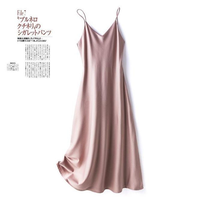 Spring and summer new French acetic acid satin sexy suspender dress women's medium and long inner solid color bottoming dress